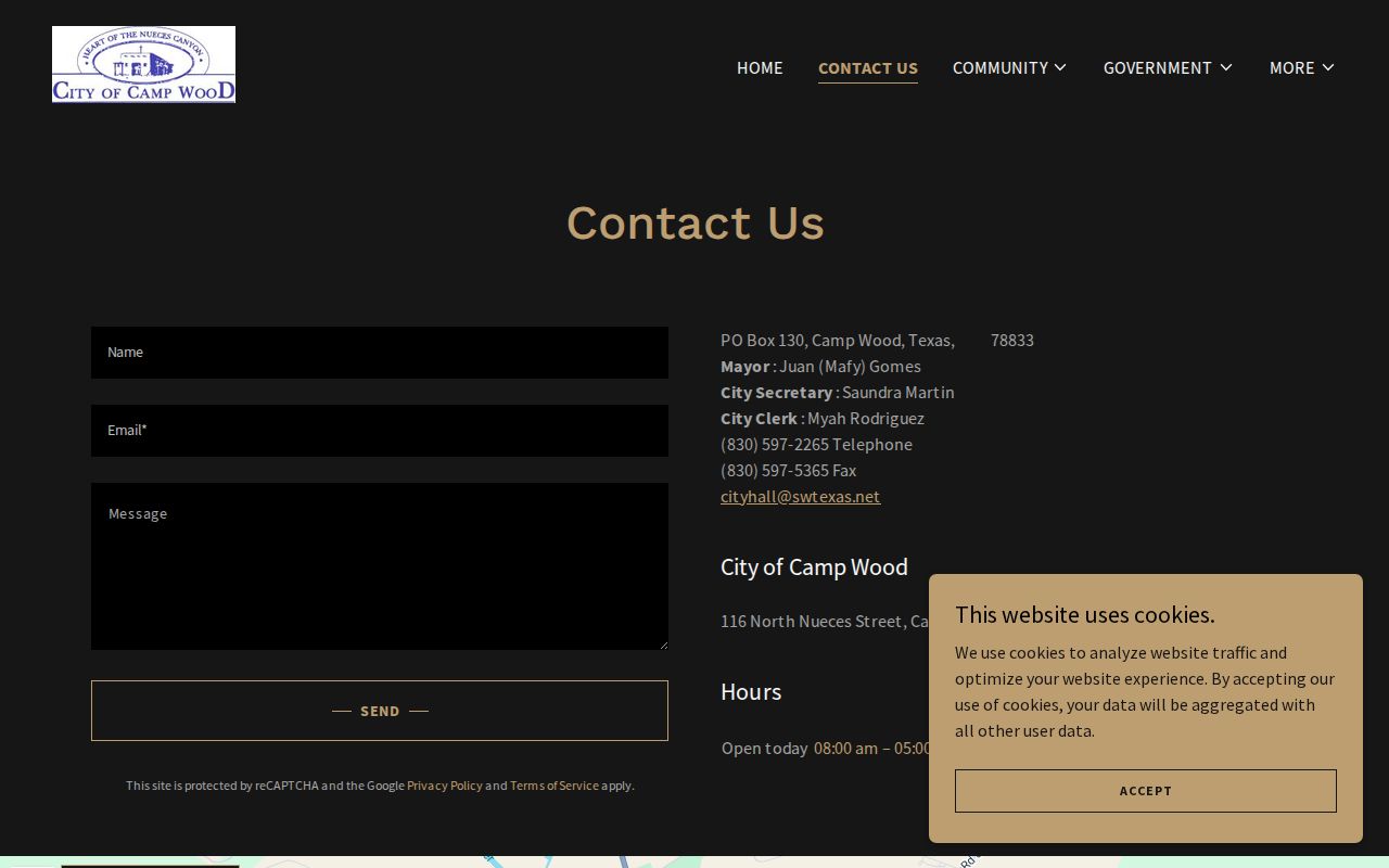 Camp Wood booking-record routing contact page for City Hall