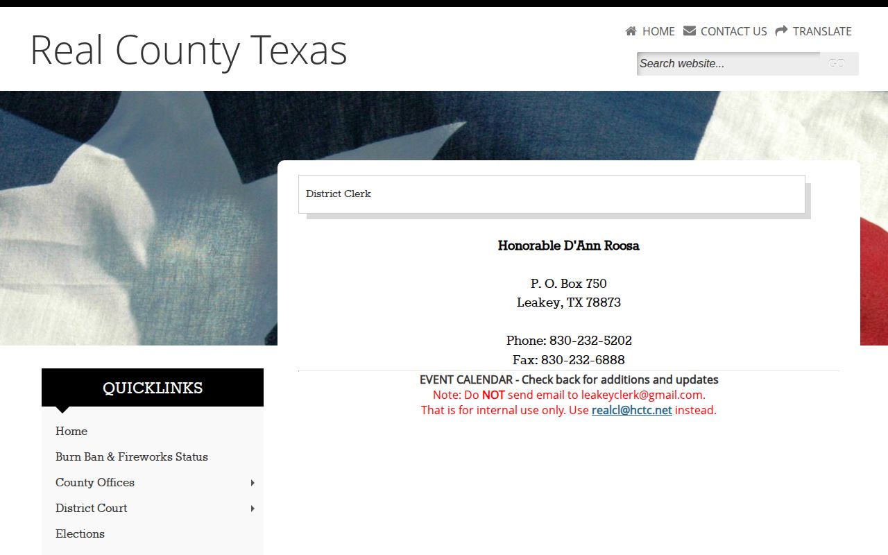 Real County District Clerk official court-record contact page in Leakey